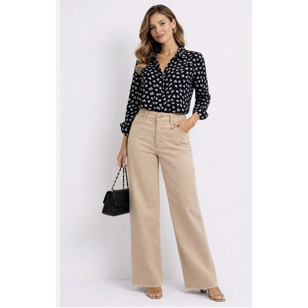 OAT New York Wide Leg Jeans 12 31 Oatmeal P0004-SJ High Rise Stretch Raw Hem